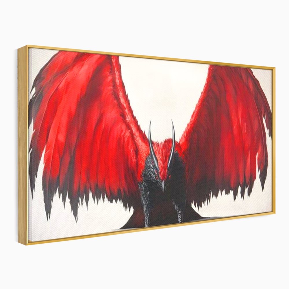Tablou canvas cu tablou canvas cu pasare fantastica rosu cu negru, in rama de aluminiu auriu
